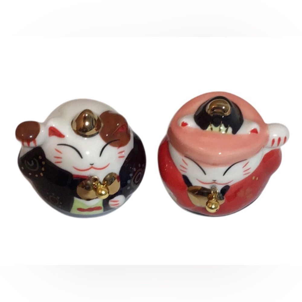 Vintage Japanese Lucky Cats Weighted Roly Poly Fortune Cat Figurines, Set of 2 - Picture 7 of 8